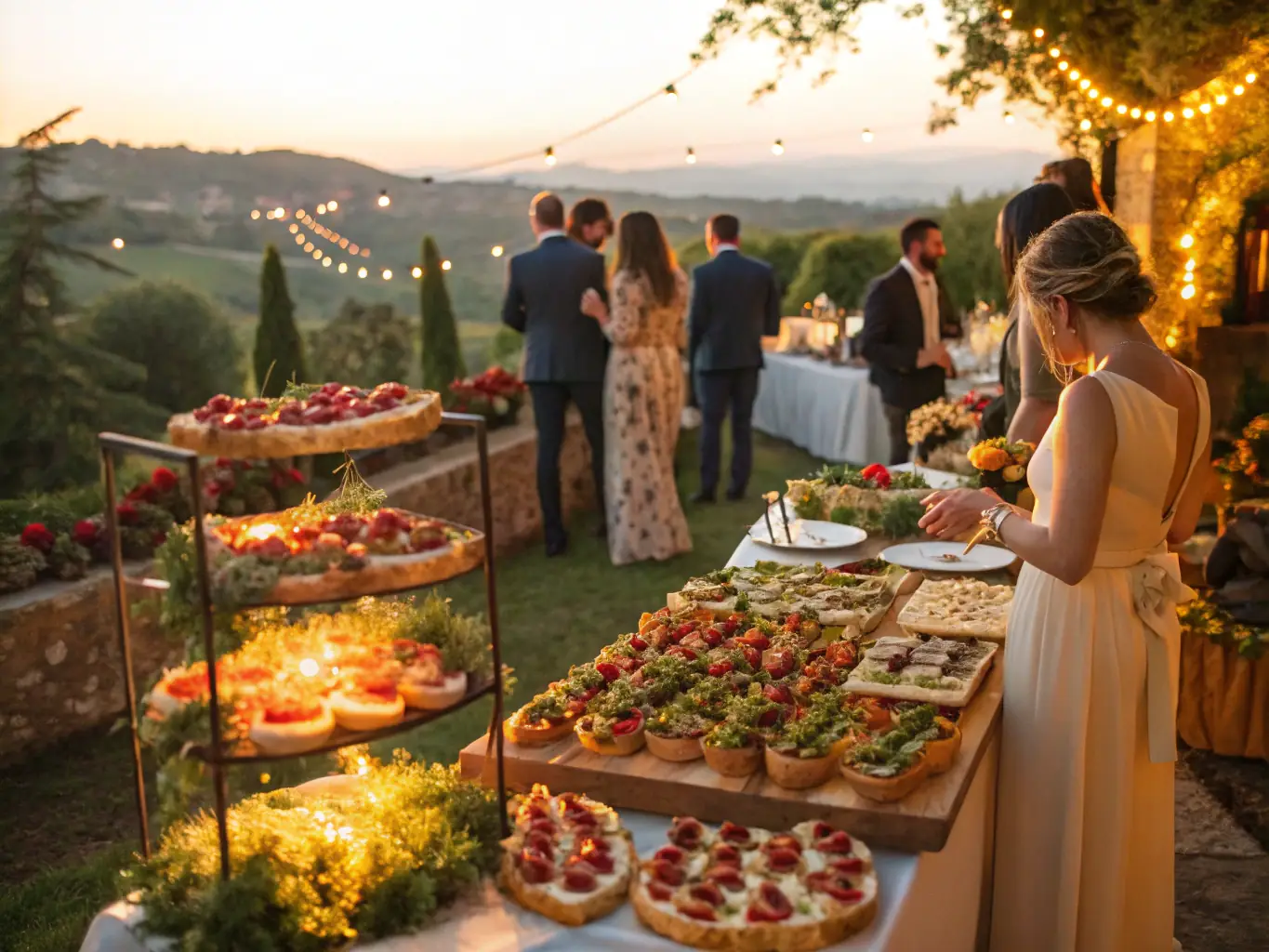 A vibrant photograph showcasing a 5280 Party Cart set up at an outdoor wedding reception, with guests happily interacting with the bartender and enjoying custom cocktails. The cart is decorated with floral arrangements matching the wedding theme.