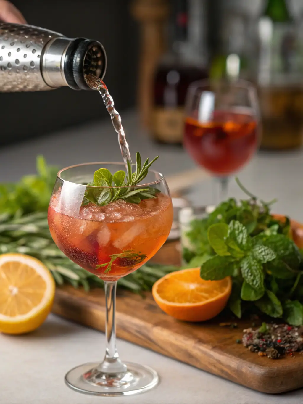 A close-up shot of a bartender expertly mixing a colorful and refreshing craft cocktail, with fresh fruit garnishes and a stylish glass, emphasizing the premium ingredients and skilled preparation.
