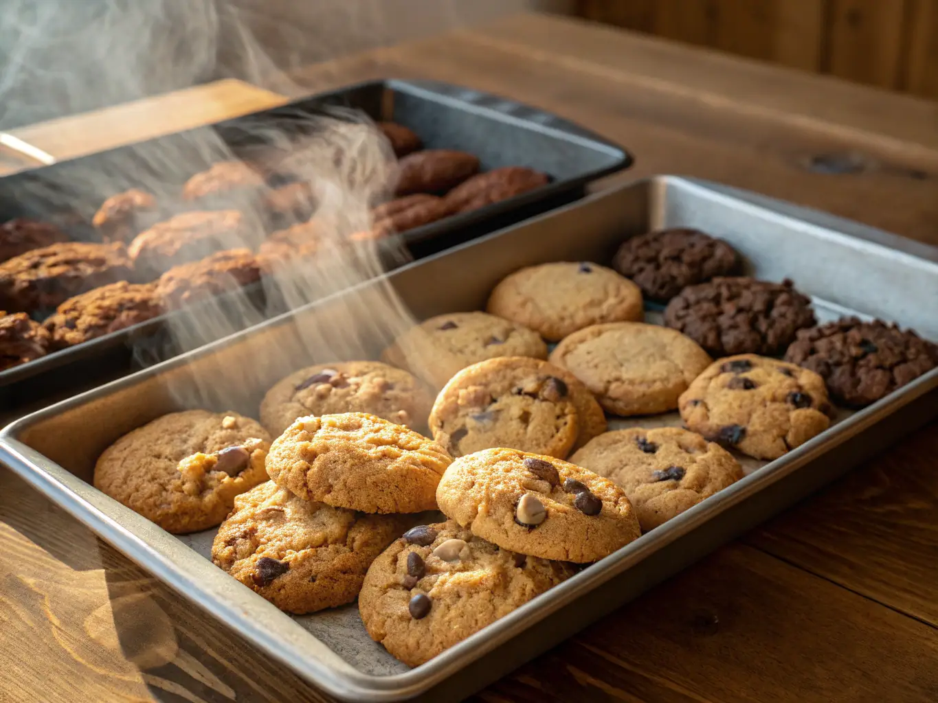 A warm, inviting image of a baker smiling while pulling a tray of perfectly golden cookies from the oven, showcasing the passion and care that goes into every Sweet Treats creation.