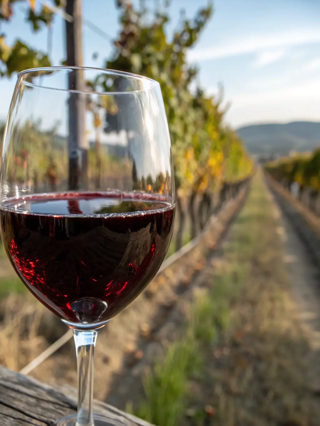 A visually appealing image of a glass of Cabernet Sauvignon, with a deep red color, being poured, with a vineyard in the background.