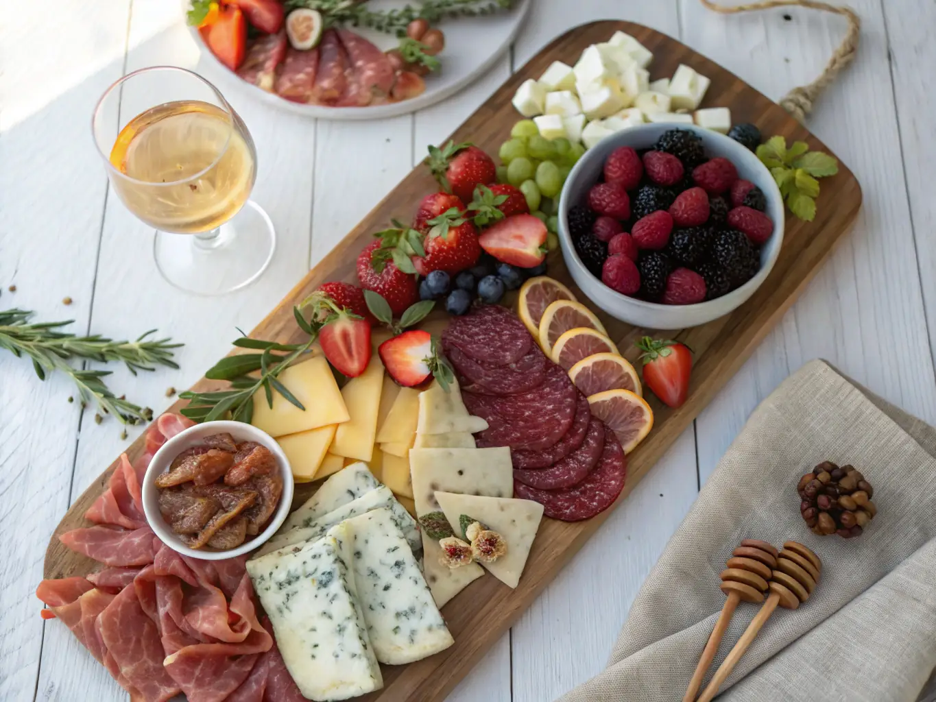 A close-up shot of a 5280 Party Cart featuring an interactive charcuterie board station, with a variety of cheeses, meats, fruits, and crackers artfully arranged. Guests are shown creating their own personalized bites.