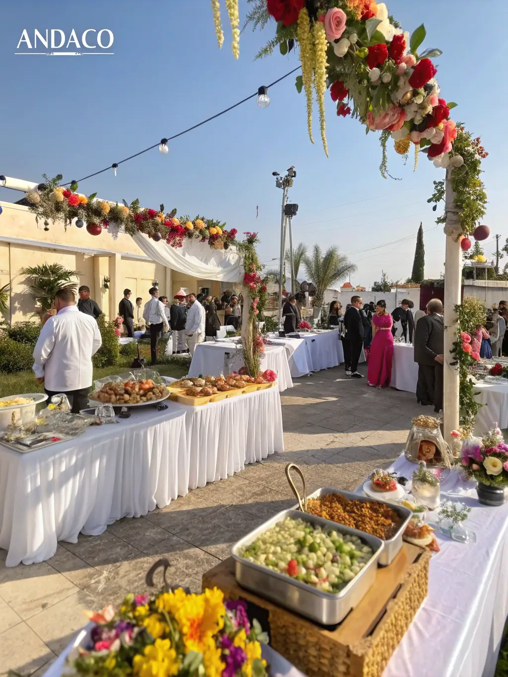 An image of a 5280 Party Cart setup at a wedding, with guests enjoying the charcuterie, cocktails, and coffee/tea offerings.