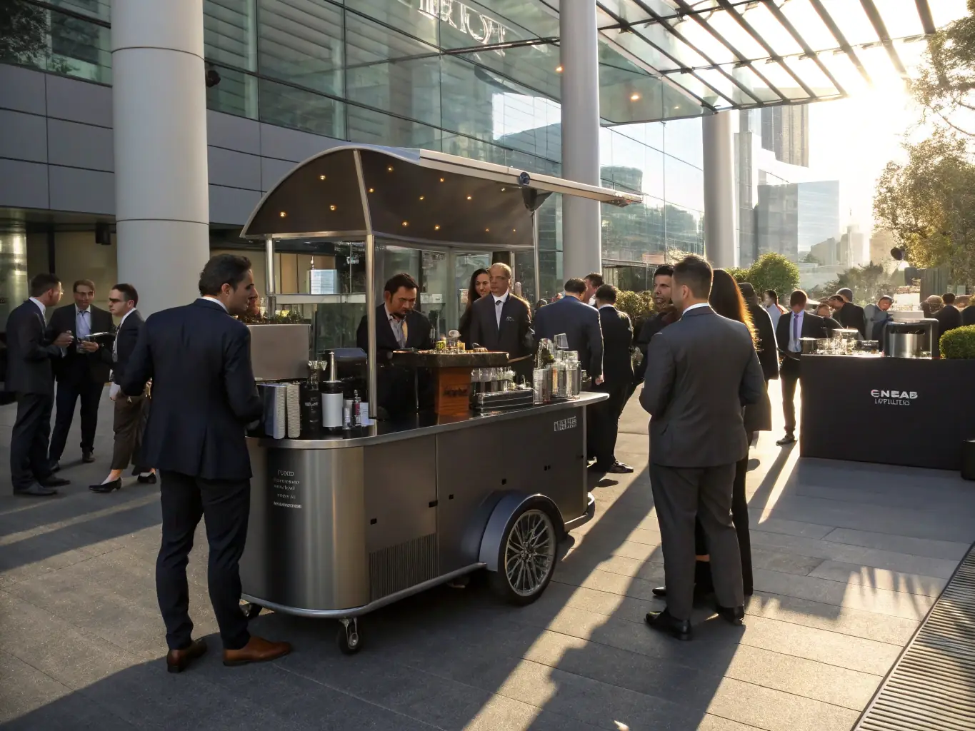 A dynamic image of a 5280 Party Cart serving specialty coffee and tea beverages at a corporate event. The cart is branded with the company's logo, and employees are shown enjoying their drinks during a break.