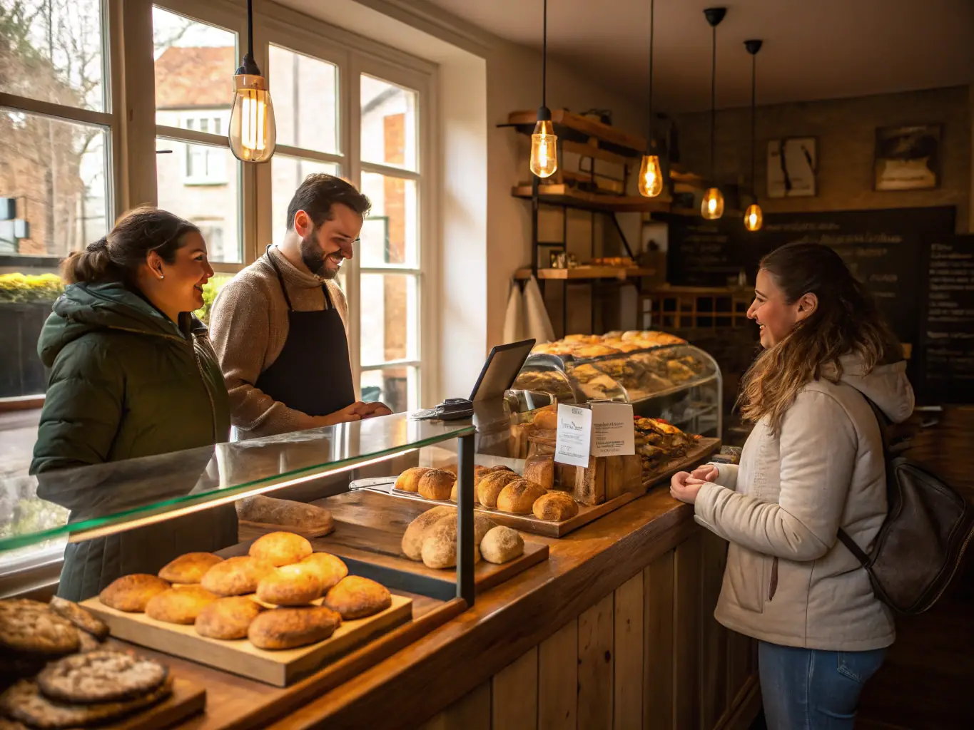 A friendly Sweet Treats employee handing a beautifully packaged box of pastries to a smiling customer, highlighting the personalized and attentive customer service.