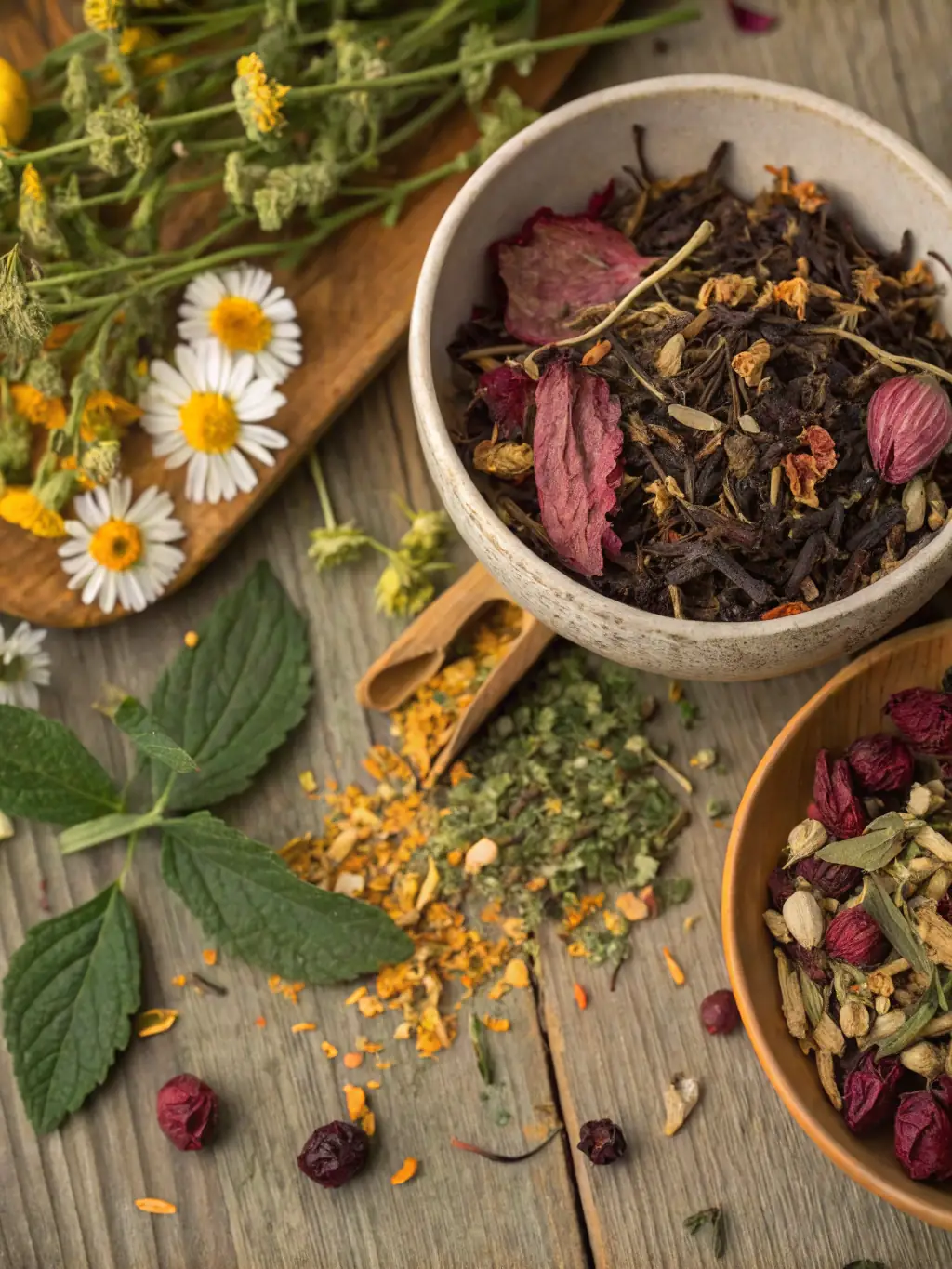 A vibrant display of various herbal tea ingredients, such as chamomile flowers, peppermint leaves, and lavender buds, arranged artfully to highlight the natural and soothing qualities of our herbal infusions.