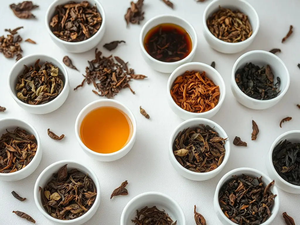A vibrant image showcasing an assortment of colorful tea leaves and coffee beans, arranged artfully to represent the diverse flavors and aromas of the collection.